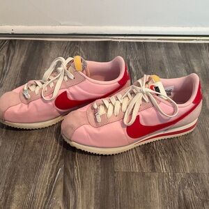 Nike Cortez TXT Pink Sneakers with Red Swoosh and Cream Midsole